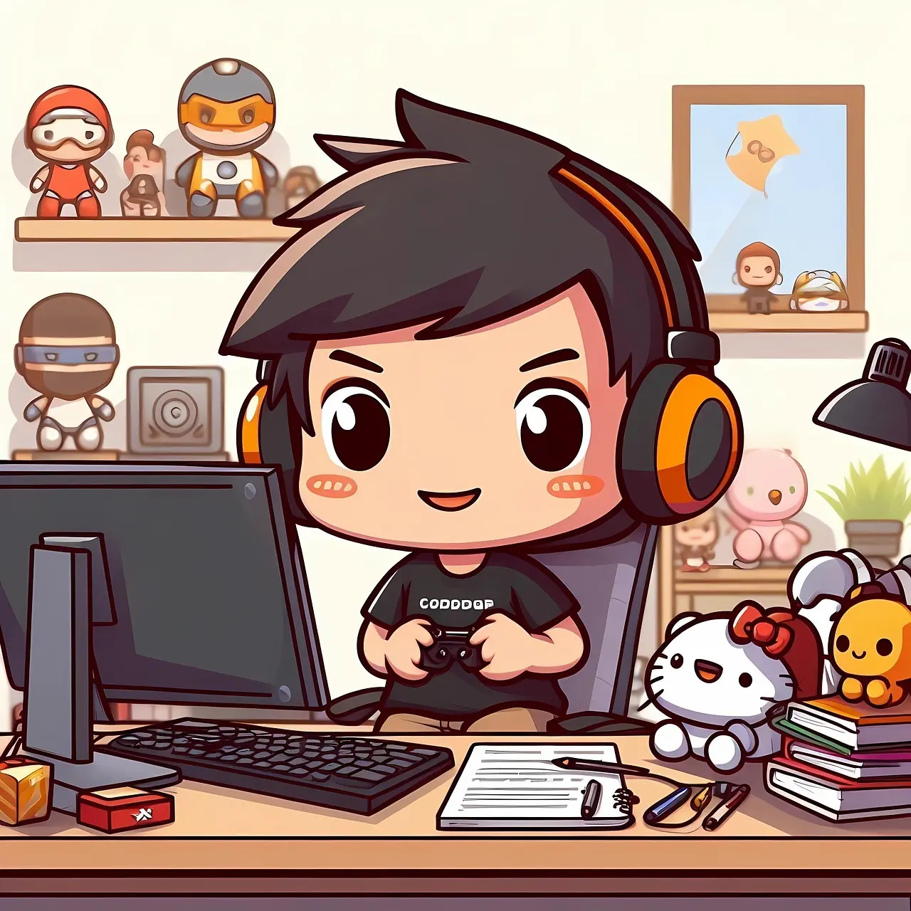 Tegnet gamer ved skrivebord